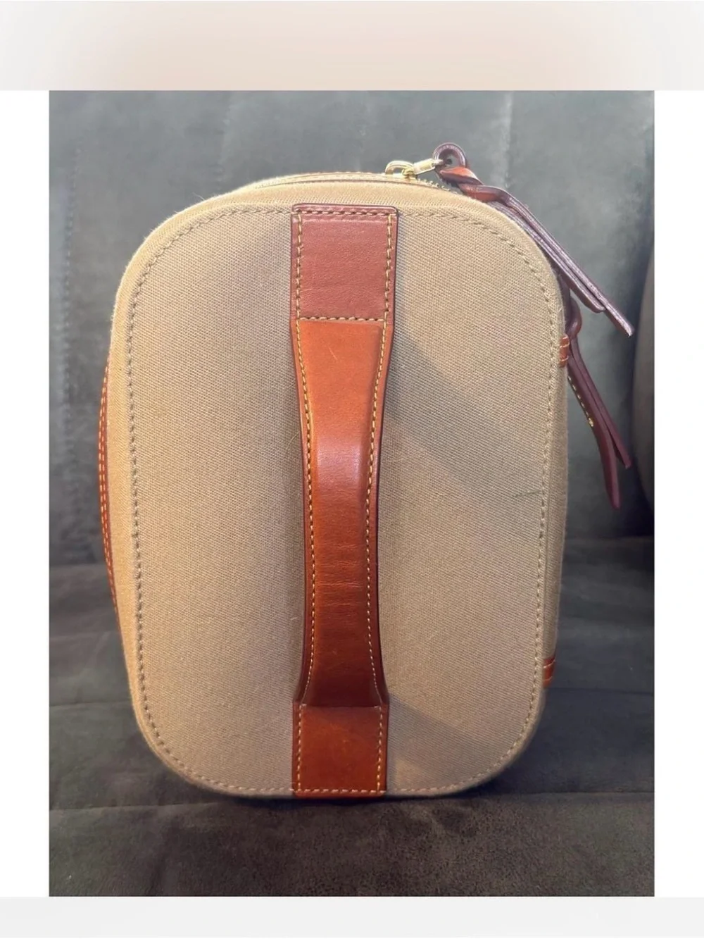 Dooney & Bourke Tan Canvas Travel Train Cosmetic Case with Brown Leather Trim